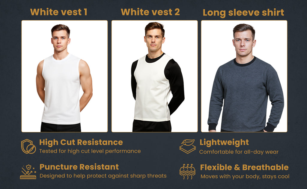 Cut-Resistant Level 5 Inner Shirt, Sleeveless Top - Lightweight UHMWPE Slash-Resistant, White, Made in Korea. Type 1
